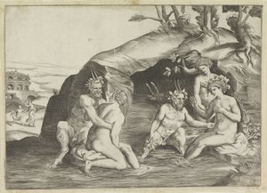 Tre nymfer och två satyrer som badar av Giulio Bonasone