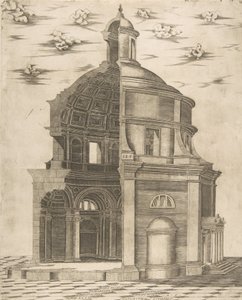 Exteriör och inre del av ett tempel i Rom tillägnad Neptunus, 1541. av Giulio Bonasone