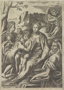 Helig familj med unga Johannes Döparen och Maria Magdalena av Giulio Bonasone