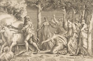 Herkules driver bort boskapen i Geryon, till höger är nymferna från Hesperides, ..., 1531-76. av Giulio Bonasone