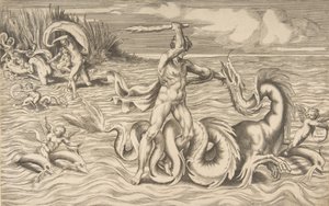 Hercules slåss mot en drake i mitten, Achelous bär bort Deianeira uppe till vänster, 1531-76. av Giulio Bonasone