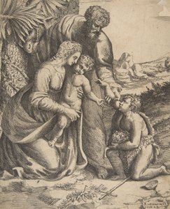 Helig familj med Johannes Döparen som knäböjer till höger, 1531-76. av Giulio Bonasone