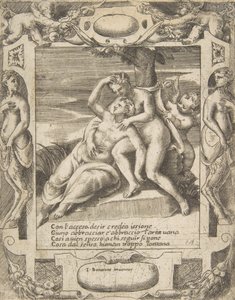 Ixion omfamnar ett moln och tror att det är Juno, Amor till höger, utspelad i en elabora..., 1531-76. av Giulio Bonasone