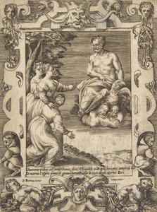 Juno till vänster ber Jupiter att hjälpa grekerna, satt inom en utarbetad ram, från 