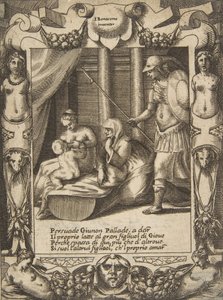 Juno övertalar Athena att vårda den unge Hercules, placerad inom en utarbetad ram, från..., 1531-76. av Giulio Bonasone