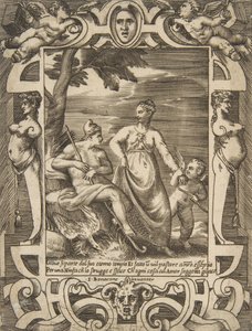 Jupiter till vänster i form av en herde åtföljd av Mnemosyne, utspelad i en elabo..., 1531-76. av Giulio Bonasone