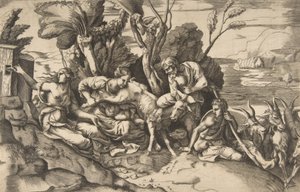 Jupiter diades av geten Amalthea, 1531-76.. av Giulio Bonasone