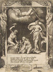 Litigium avlägsnat från kaos kropp medan hans mor kastas upp i luften, satt med..., 1531-76. av Giulio Bonasone