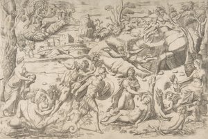 Mars och Rhea Silvia: i mitten håller Mars en sköld och svärd, Rhea Silvia sover..., ca 1531-76. av Giulio Bonasone