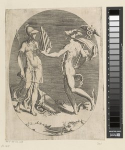 Mercury ger Minerva en panflöjt av Giulio Bonasone