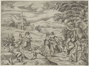 Mercury berättar historien om Pan och Syrinx av Giulio Bonasone