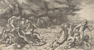 Neptunus lugnar stormen Aeolus reste mot Aeneas flotta, 1531-76. av Giulio Bonasone