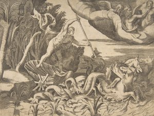 Neptunus i sin vagn dras av sjöhästar, från 
