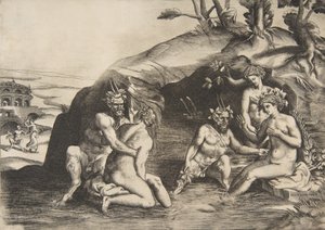Badande av nymfer och satyrer, 1531-76. av Giulio Bonasone