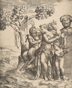 Pan till vänster sittande bredvid en stående nymf, till höger Amor med cymbaler, 1531-76. av Giulio Bonasone