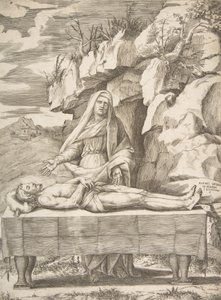 Pieta, Kristus utsträckt på ett bord i ett landskap, Jungfrun stående bakom vapen ..., 1531-76. av Giulio Bonasone