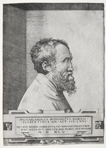 Porträtt av Michelangelo i profil vänd åt höger av Giulio Bonasone