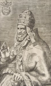 Porträtt av påven Marcellus II, höger hand upphöjd mot vänster, ca. 1555. av Giulio Bonasone