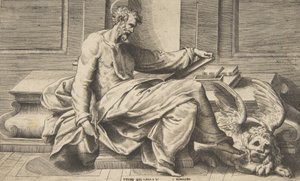Sankt Markus skriver sitt evangelium, ett bevingat lejon till höger, 1531-76. av Giulio Bonasone