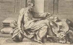 Sankt Markus skriver sitt evangelium, bevingat lejon till höger, 1531-76. av Giulio Bonasone