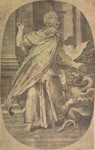 St Paul övervinner huggormen, i en arkitektonisk miljö, en oval komposition, ca. 1540-70. av Giulio Bonasone