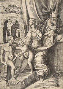 Den heliga familjen och spädbarnet Johannes döparen, 1531-76., 1531-76. av Giulio Bonasone