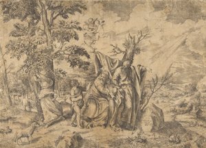Vilan på flykten till Egypten, Josef till höger, Jungfrun håller Kristusbarnet i..., 1531-76. av Giulio Bonasone
