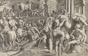 Trojanerna drar in trähästen till Troja, 1545. av Giulio Bonasone