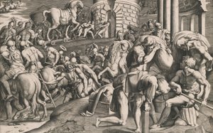 Trojanerna drar trähästen in i staden, 1545. av Giulio Bonasone