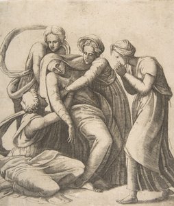 Jungfrun svimmar och får stöd i de heliga kvinnornas armar, 1531-76. av Giulio Bonasone