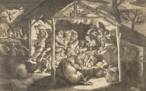 Tillbedjan av herdarna, olika gestalter som omger Kristusbarnet i år..., 1531-76. av Giulio Bonasone