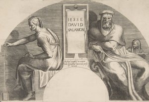 Kristi förfäder flankerande en inskriven tavla, en välvd toppkomposition, 1531-76. av Giulio Bonasone