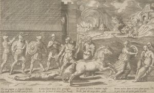 Striden mellan Hector och Achilles, och Achilles som släpar Hectors kropp runt ..., 1531-76.