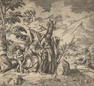 Resten av den heliga familjen på deras flykt till Egypten, 1531-76. av Giulio Bonasone