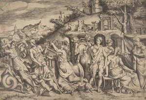 Berättelsen om Jason och Medea till vänster bär hon av sin son, i mitten är hon ..., 1531-76. av Giulio Bonasone