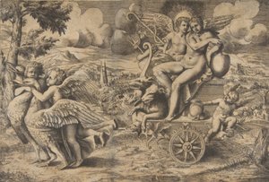 Amors och Psyches triumf som sitter på en vagn dragen av två fåglar vilar..., ca. 1550-67. av Giulio Bonasone