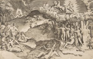 Kärlekens triumf, cupid som åker på en vagn dragen av enhörning är uppe till höger, naken ..., 1545. av Giulio Bonasone