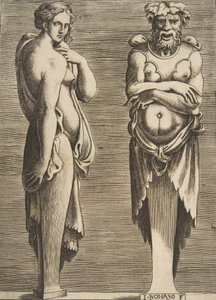 Två termer, en nymf till vänster Silvanus till höger, ca. 1530-50. av Giulio Bonasone