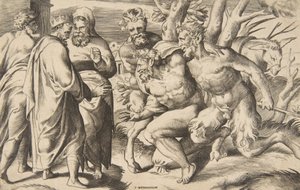 Två satyrer med Silenus kung Midas stående till vänster, 1531-76. av Giulio Bonasone