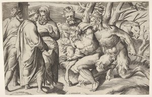 Två satyrer som leder Silenus till kung Midas, som står till vänster med två manliga skötare..., ca. 1550-80. av Giulio Bonasone