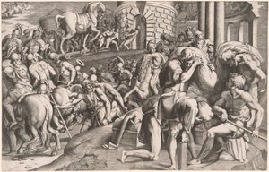 Trojanerna drar trähästen till Troja av Giulio Bonasone, after Francesco Primaticcio