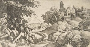 Till vänster fyra herdar med musikinstrument under en grupp träd..., ca. 1517