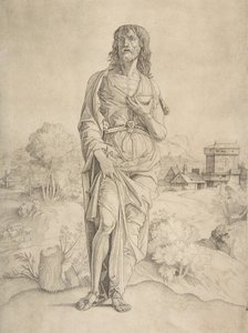 Johannes Döparen står i landskapet, figurer och byggnader i bakgrunden..., ca. 1505-10.