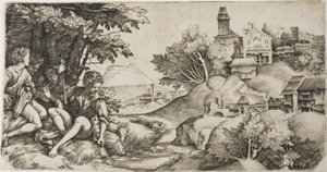 Herdar i ett landskap av Giulio Campagnola
