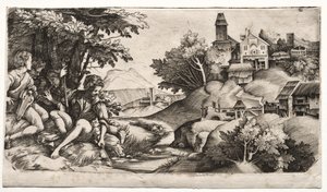 Herdar i ett landskap, ca. 1517. av Giulio Campagnola