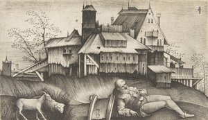Den gamla herden ligger i ett landskap, byggnader bakom, en get och ett får till..., ca. 1500-1515. av Giulio Campagnola