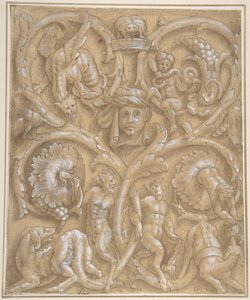 Design för en prydnadspanel med Rinceaux, Satyrs, Putti, Monsters and a Human Head, 1535-45. av Giulio Campi.