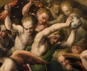 Norra tvärskeppet, ärkeängelns altare, ärkeängeln Mikael som dödar den onde, Giulio Campi 1566, detalj