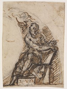 Sittande man med skrivplatta(?). Arkitektur detalj av Giulio Campi
