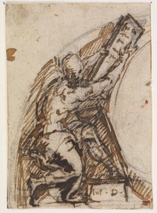 Sittande man med skrivplatta(?). Arkitektur detalj av Giulio Campi